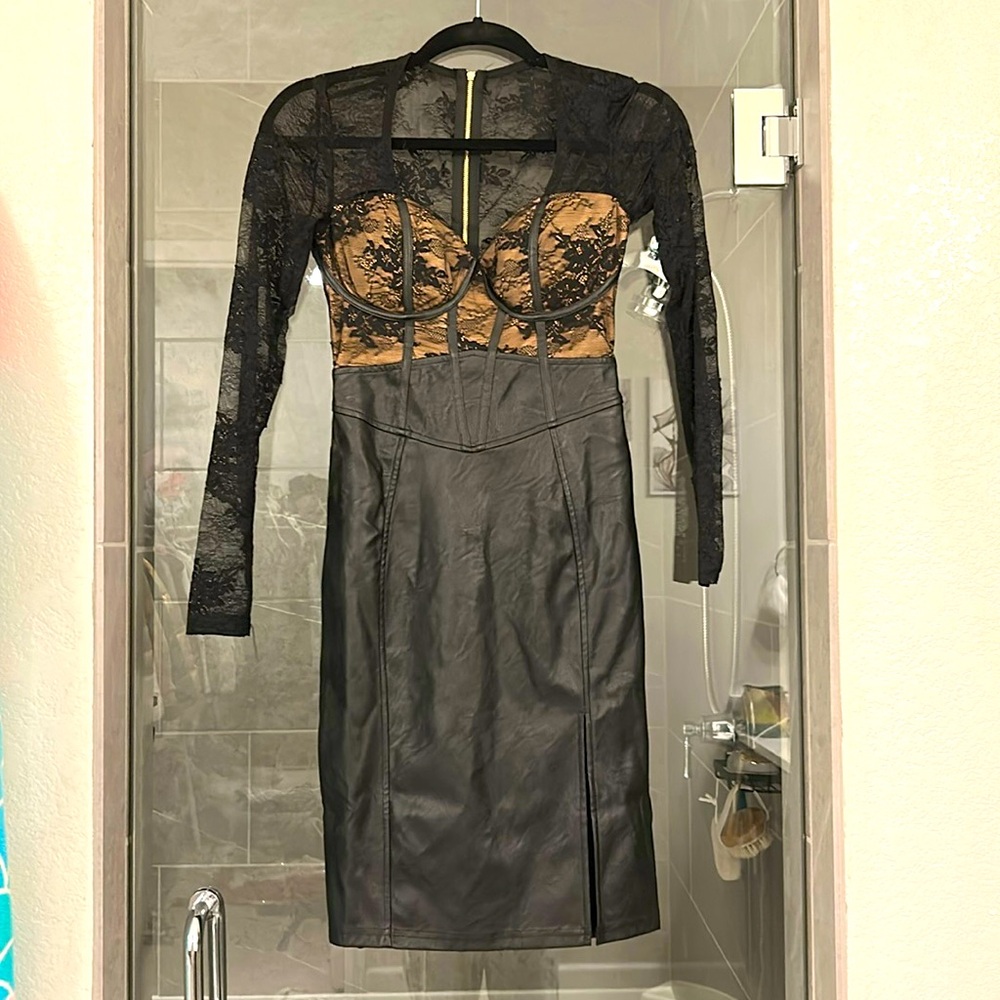 Black and Tan Lace and Leather Dress